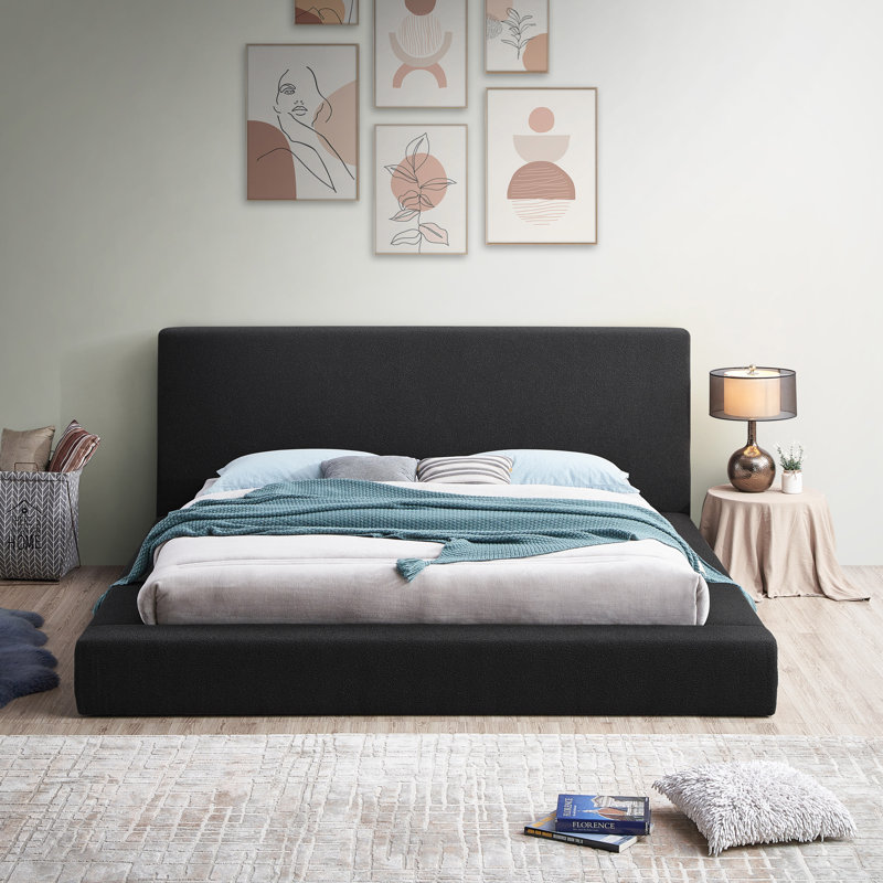 Issaias Upholstered Panel Storage Bed, King, Black Boucle Fabric