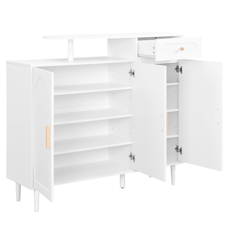 Armoire à chaussures arquée de style crème, blanc, avec tablettes réglables, bureau spacieux et armoire de rangement pratique et élégante, tiroir, pour vestibule, salon, construction
