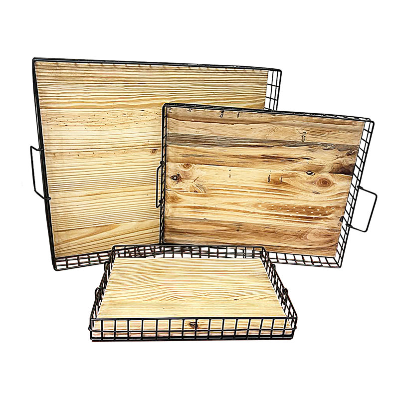 Ensemble de plateaux de service en fer et en bois 3 pièces