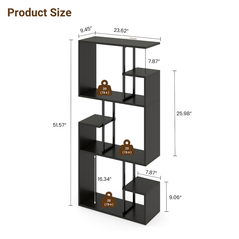 Bibliothèque à 3 niveaux Marian pour chambre à coucher, salon, (3 tablettes) H 51,57 po x l 23,62 po x P 9,45 po, Noir