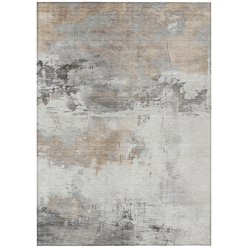 Ivory Abstract Synthetic 5' x 7' Washable Area Rug