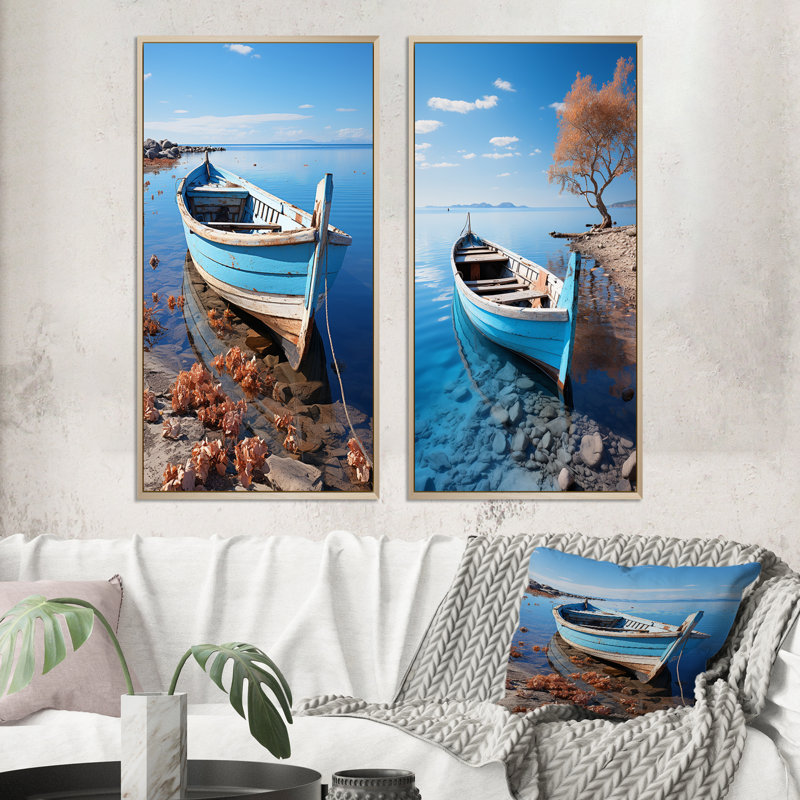 «Blue Boat Serenity», 2 pièces sur toile, H 40 po x l 40 po, Encadrement brun