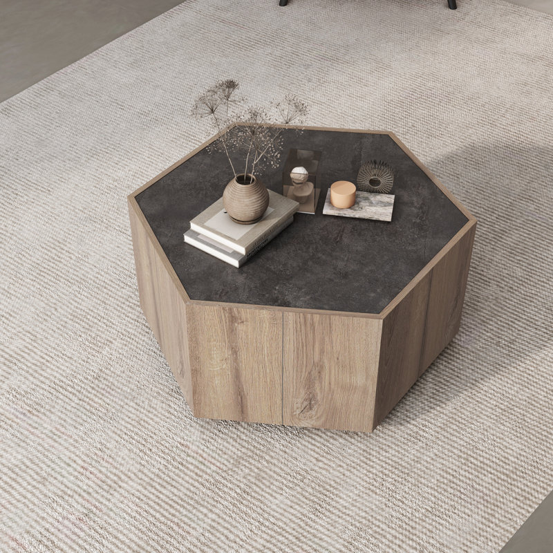 Petite table basse hexagonale avec 2 tiroirs de rangement de style industriel moderne, meubles de chambre à coucher - noir texturé + chêne chaud