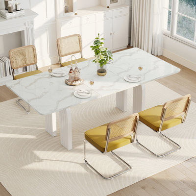 Ensemble de table de salle à manger rectangulaire moderne de 78 pouces à double piétement pour 6 à 8 personnes avec chaises de salle à manger rembourrées