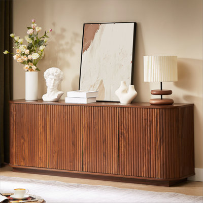 Sideboard Storage Cabinet TV Stand with wave pattern Buffet Cabinet Wooden Vertical Striped Cabinet for Kitchen/Bedroom/Entryway. Walnut, 64