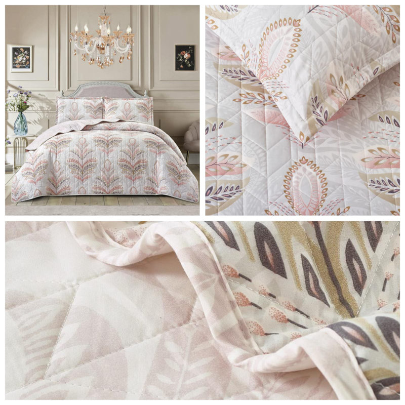 Amalyah Polyester Floral Bedspread with Pillowcases, Double, Pink