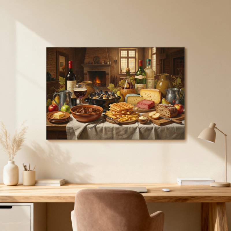 Scène de cuisine rustique avec nourriture et vin, H 24 po x l 36 po, Toile tendue, Ne s’applique pas