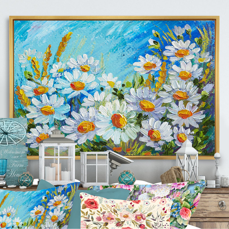 Fleurs de champ de camomille printanières - reproduction sur toile avec cadre flottant, H 24 po x l 36 po x P 1 po