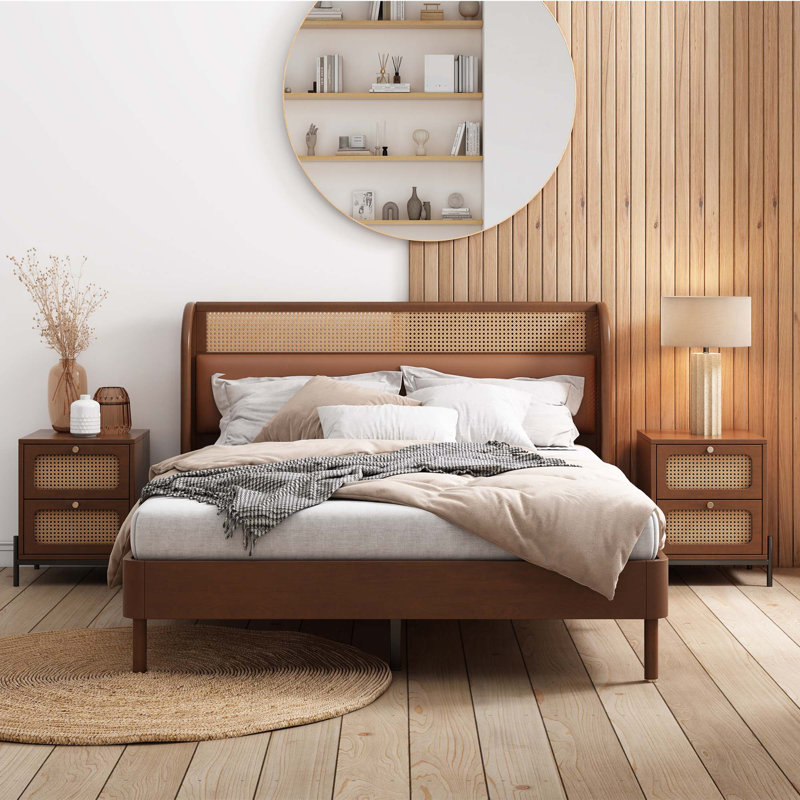 3 pièces de grand lit plateforme en rotin moderne cannage + table de chevet * 2, Noyer