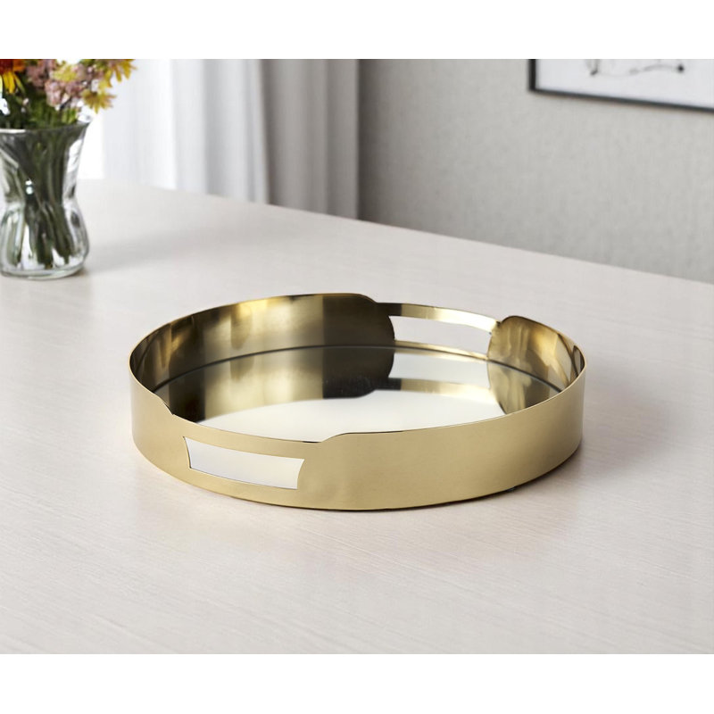 Plateau de service rond en métal doré et en verre miroir 16 po Tim