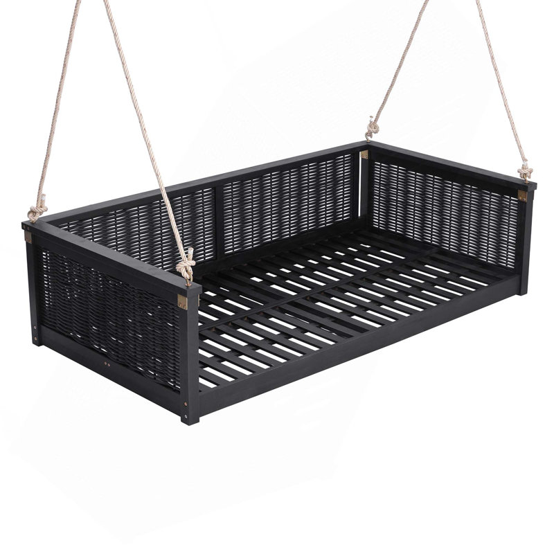 Lit-balançoire double en bois massif d'extérieur classique avec longues cordes pour la piscine, la cour arrière, Black