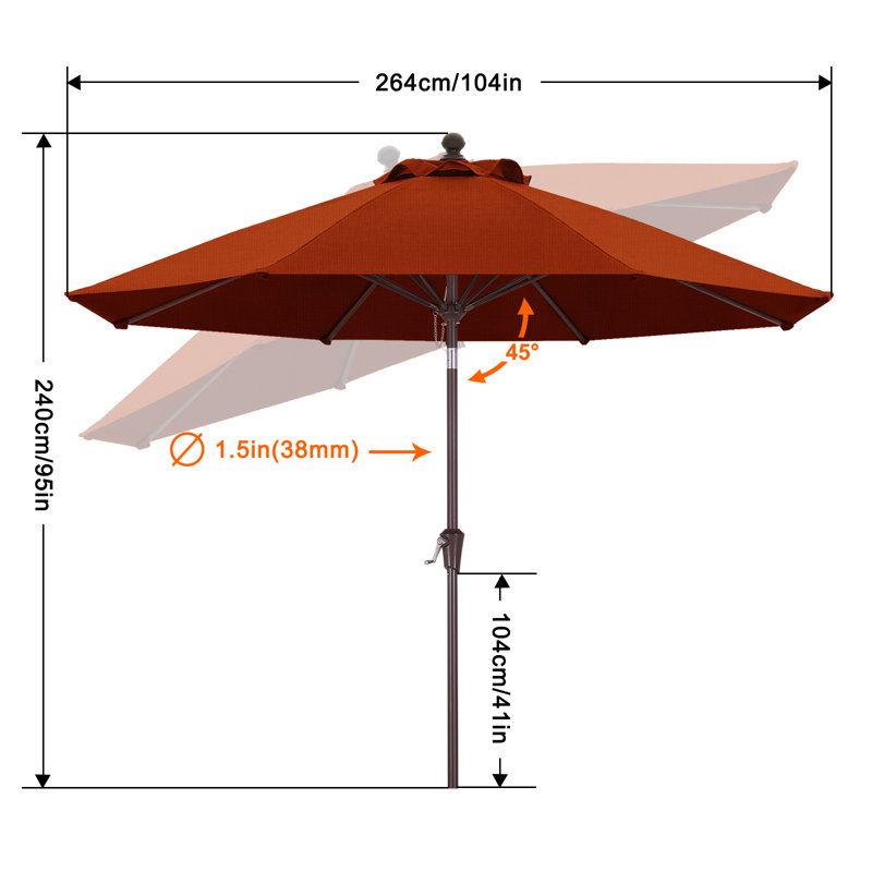 Parasol de marché en oléfine 9 'avec inclinaison et manivelle, Terre cuite
