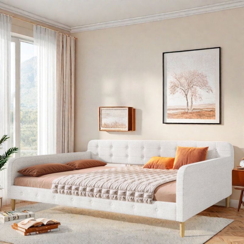 Upholstered Daybed With 4 Support Legs, Beige