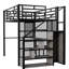 Lit mezzanine double en métal avec bureau moderne, garde-robe et tablettes de rangement - noir