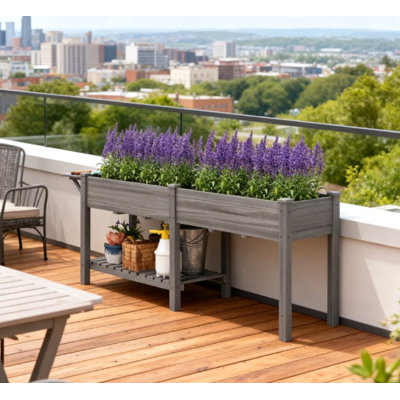 Lit de jardin surélevé spacieux, boîte de jardin surélevée en bois, avec table d'appoint, tablette inférieure, doublures de lit et trous de drainage