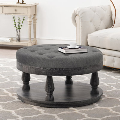 Tissu gris anthracite avec capitonnage à boutons et surpiqûres gaufrées, base en bois de pin tourné, piqûres rondes modernes 39,5 po x 19,46 po, tissu, pieds, 40 x 40 x 20