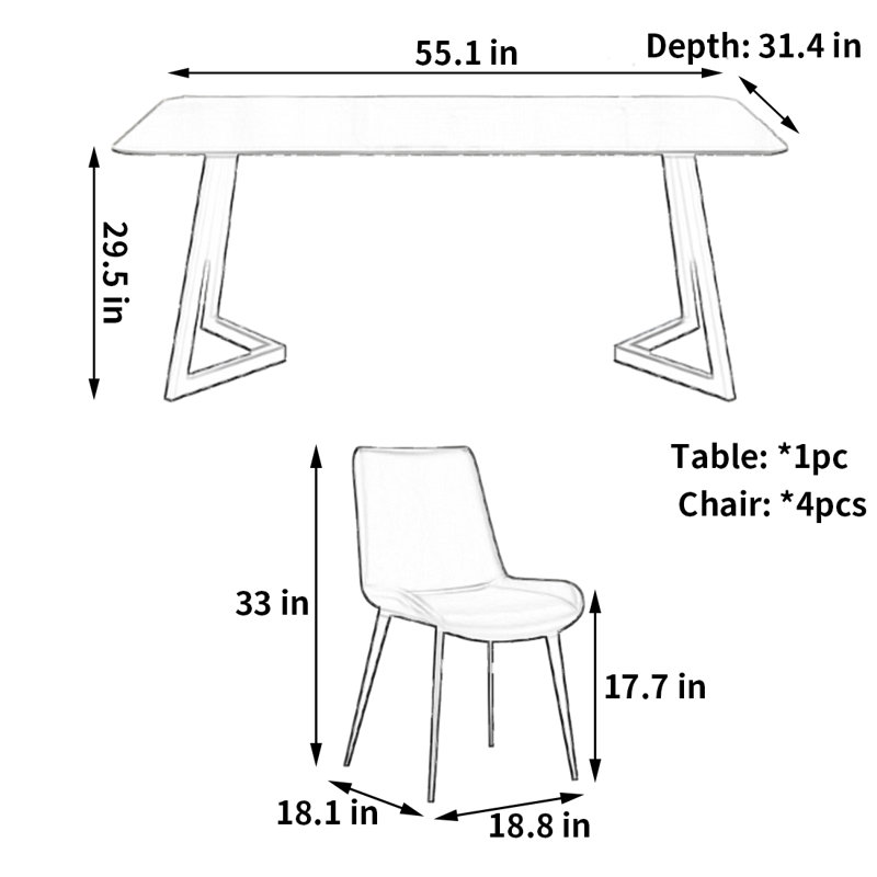 Table et chaises de style rétro, H 29,5 po x L 55,1 po x l 31,4 po