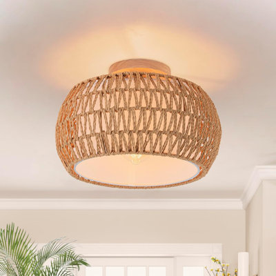Boho Rattan Chandelier Flush Mount Ceiling Light Fixture Hand-Woven Natural Wicker Drum Shade For Kitchen Bedroom Hallway Nursery Living Room