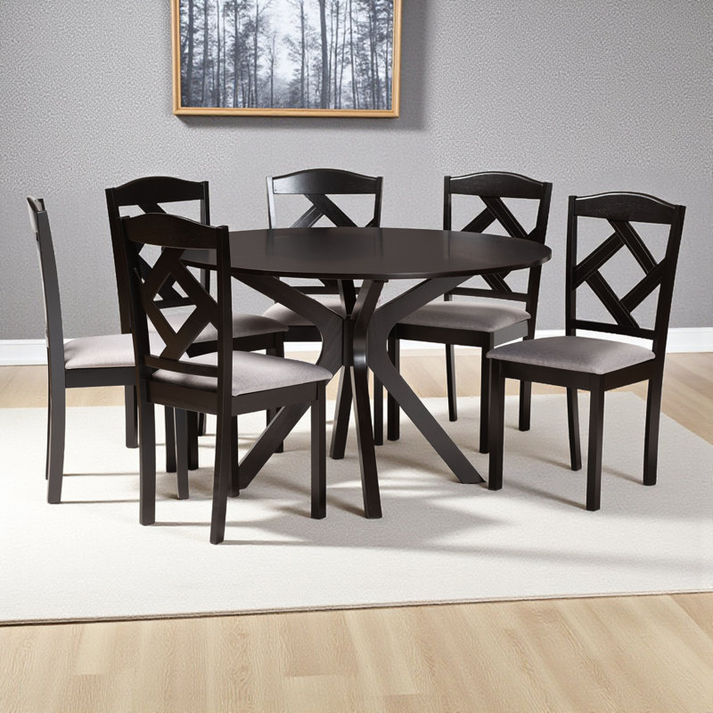 Ensemble de salle à manger 7 pièces Erwin en tissu gris et bois brun foncé, H 36,42 po x l 17,01 po x P 17,5 po, 7
