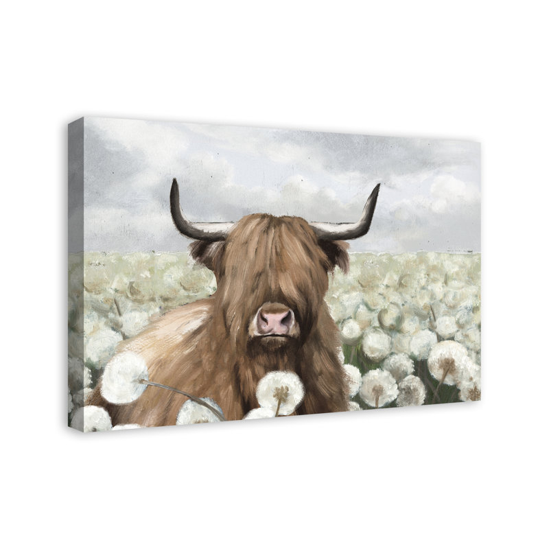 Impression sur toile Highland Cow and Dandelions, H 20 po x l 30 po