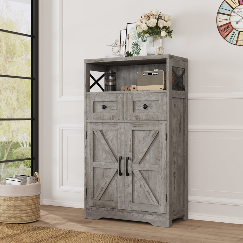 Storage Cabinet With Doors And Drawers, Washed Gray
