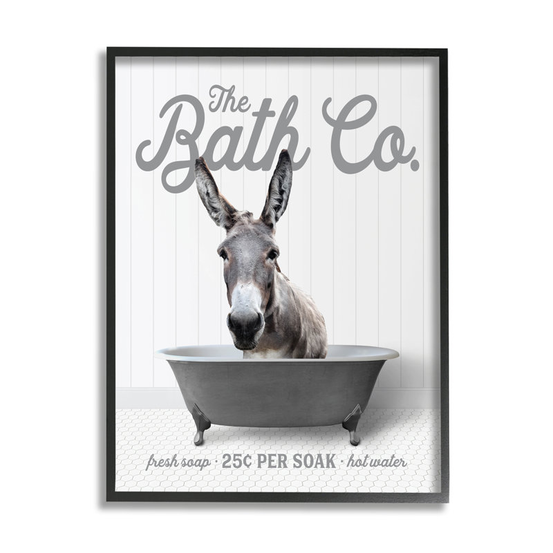 " Donkey In Bathtub ", 14" H x 11" W x 1.5" D, Coastal White Framed Giclee