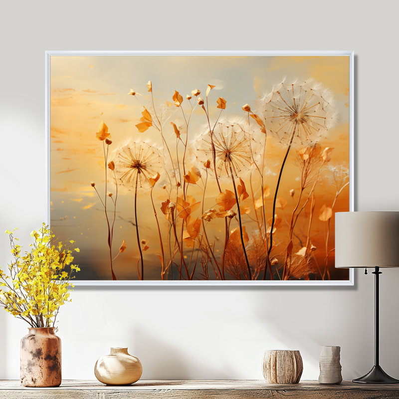 «Orange Dandelion Dreams I», reproduction d'art sur toile encadrée, H 24 po x l 32 po, Cadre flottant blanc