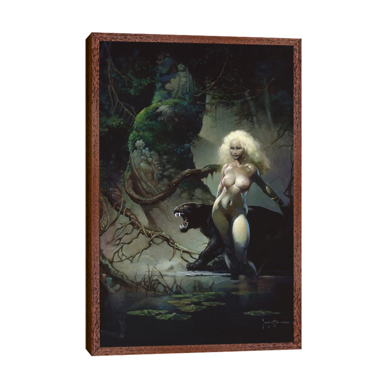 Princess And The Panther by Frank Frazetta - Print on Canvas, Classic Brown Wood Framed, 101.6 cm H x 66.04 cm W