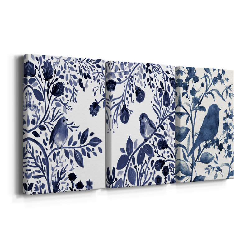 Indigo Song I - Toile tendue avec châssis sur mesure - 3 pièces, H 27 po x l 54 po