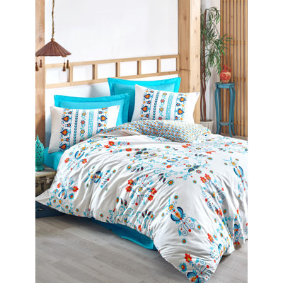 Ensemble de housse de couette 100% coton Arlie turquoise / blanc / rouge 4 pièces