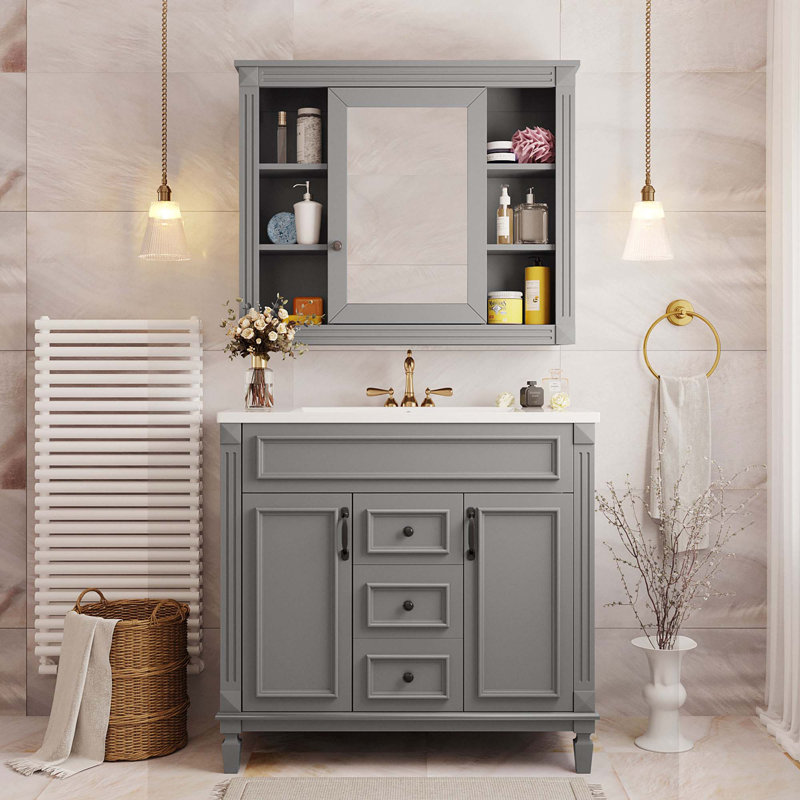 Meuble-lavabo 36 po avec lavabo supérieur, armoire à miroir bleu royal, Gris