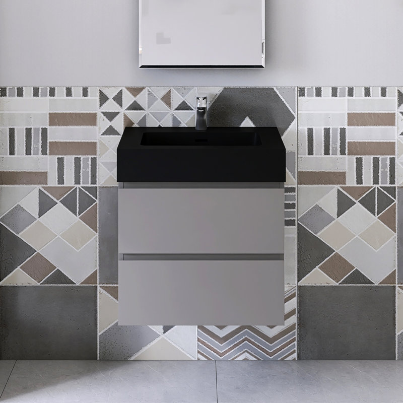 Meuble-lavabo simple 24 po avec plateau Kansiray, Noir mat, Gris