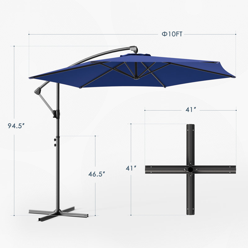 Parasol décalé en porte-à-faux 10 pi avec base en croix, parasol d'extérieur suspendu avec manivelle et inclinaison, résistant aux rayons UV pour la terrasse