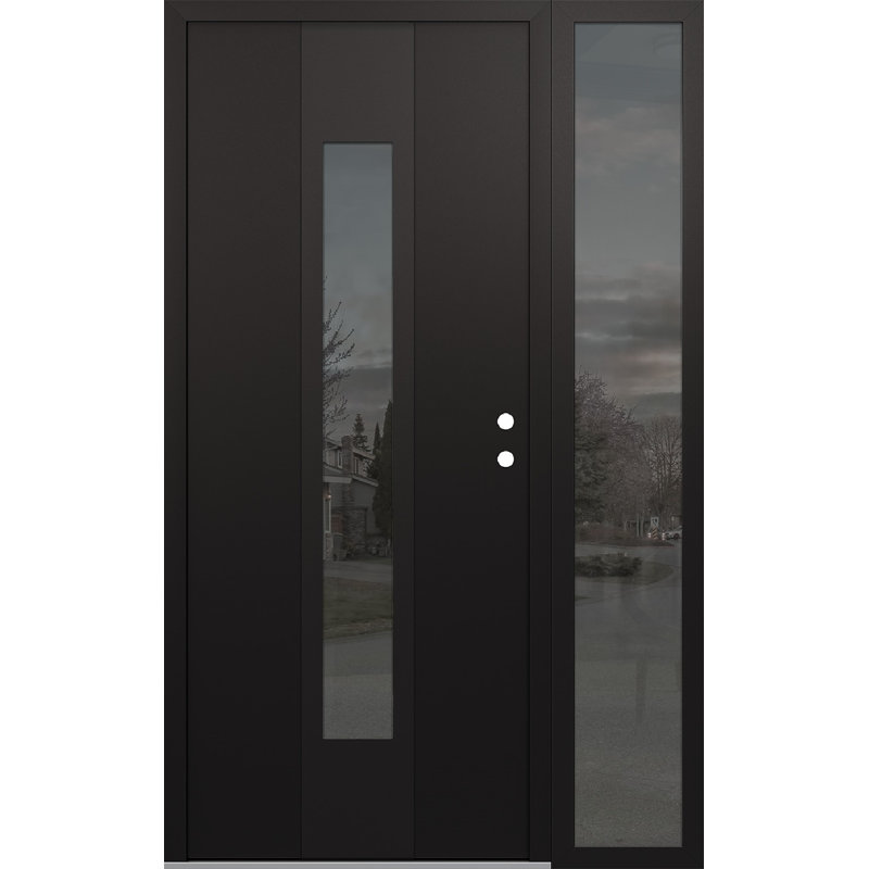 Porte d'entrée pré-suspendue en acier noir avec panneau latéral droit et côté droit, L 53,25 po x H 81,69 po, Réfléchissant