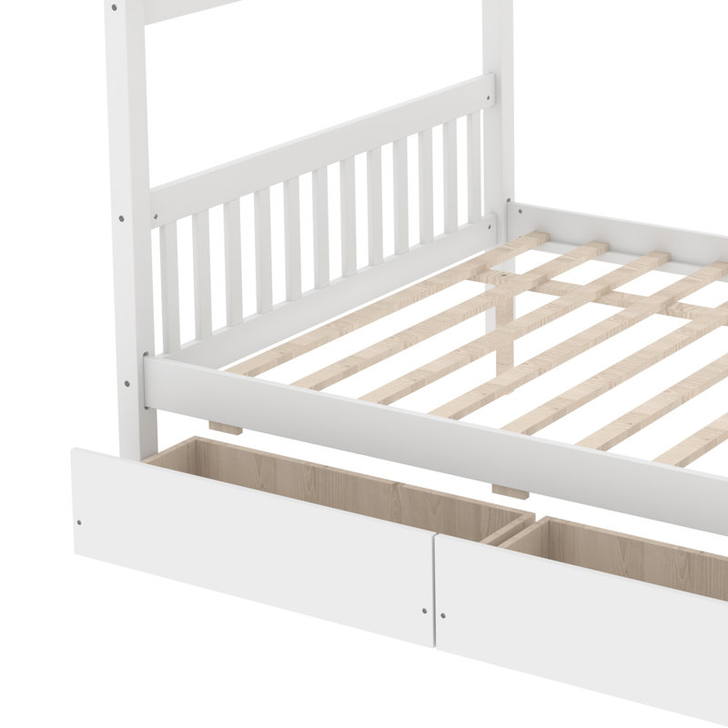 Wooden House Bed With Drawers, White, Twin