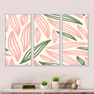 «Pink and Green Tropical Leaves I», reproduction sur toile flottante 3 pièces