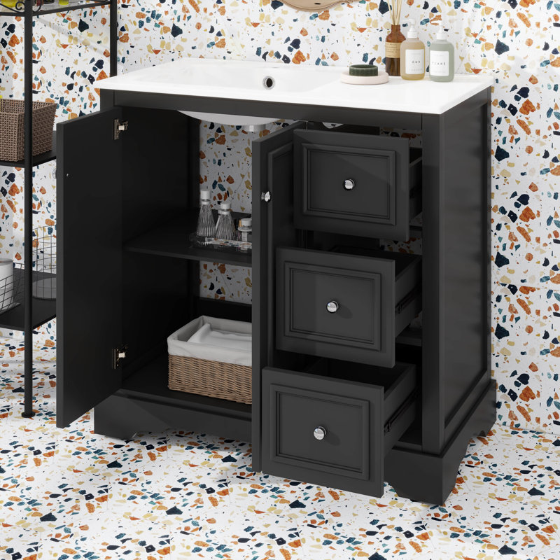 Meuble-lavabo transitionnel 36 po avec lavabo en céramique 36 po - Comprend une tablette réglable en forme de U, 3 tiroirs