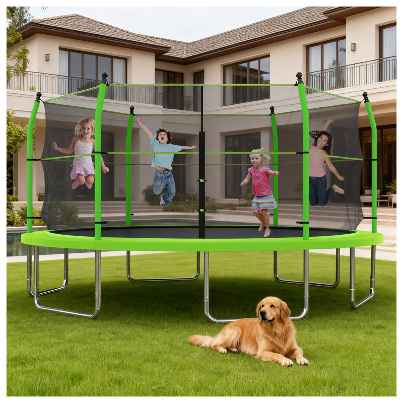 Trampoline d'extérieur 16 pi avec filet de sécurité et échelle - Centre de saut en métal noir et vert pour enfants et adultes