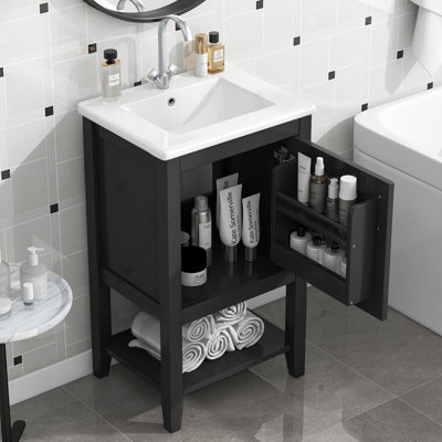 Meuble-lavabo noir 20 po avec lavabo, armoire, porte à fermeture douce, support de rangement et tablette ouverte | Idée cadeau