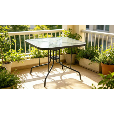 Table de salle à manger de patio 35 po avec plateau en verre trempé, table de bistro carrée pour 4 personnes avec trou de parasol de 1,5 po et structure en métal robuste, table de salle à manger de patio pour la cour, la terrasse, la terrasse et la piscine