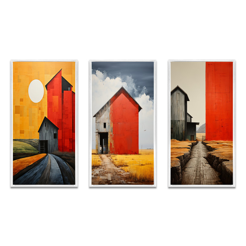 Paysage, grange, patchwork, ensemble de 3 pièces d'art campagnard, Cadre flottant blanc, H 28 po x l 36 po