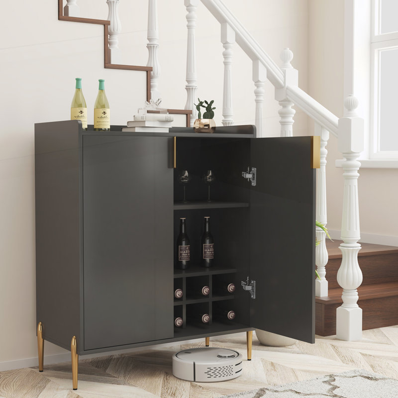 Meuble-bar à vin à deux portes avec casier à bouteilles et tablette de rangement ajustable, Black