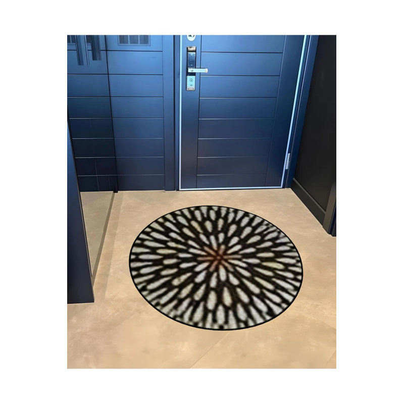 Beige Black Tone Geometric Patterned Round Woven Base Modern Decorative Carpet, Round 4'