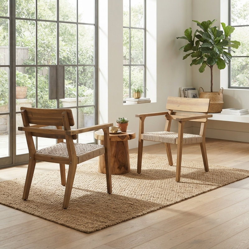 Chaise de salle à manger d'extérieur en bois d'acacia avec siège en osier tressé (ensemble de 2) - Fauteuil de patio résistant aux intempéries au fini teck