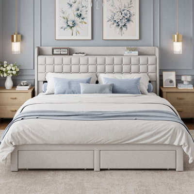 Chrisha Upholstered Bed with Drawers and Storage bags