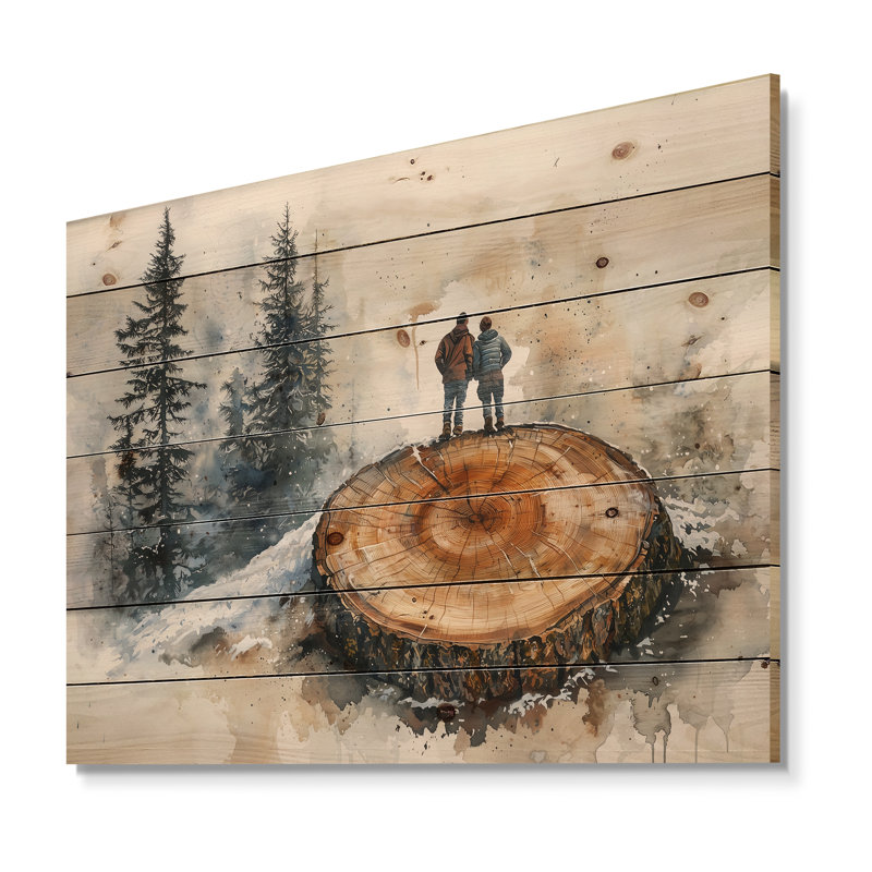 Randonnée pédestre dans un paysage d'hiver II - décoration murale en bois de randonnée - sur bois de pin naturel