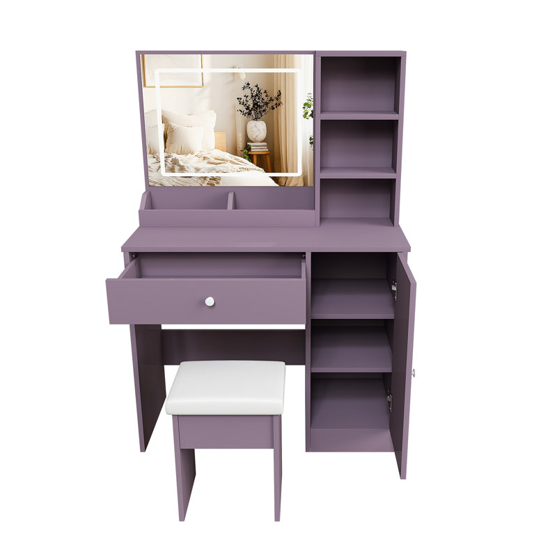 Ensemble de coiffeuse élégant avec tabouret rembourré et miroir lumineux à DEL réglable (3 modes de couleur), ensemble de coiffeuse de maquillage de chambre à coucher moderne