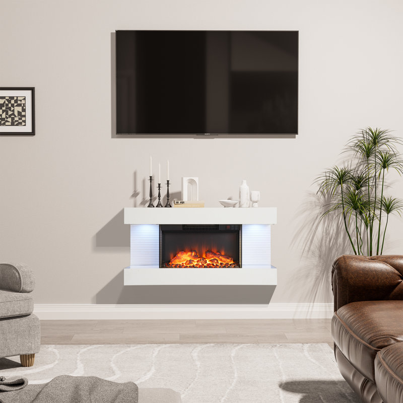 Wall Mounted Led Electric Fireplace With Floating Mantel,Remote Control Adjustable Heat, 16.4" H x 50" W x 4.13" D