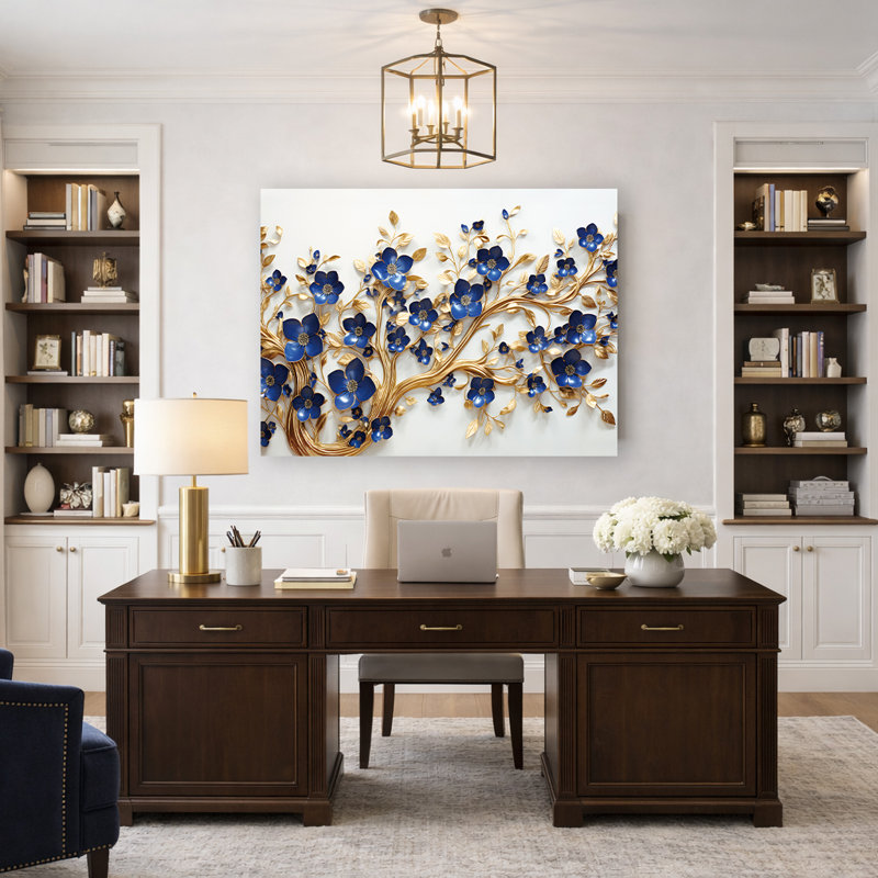Cascade de fleurs bleu royal - Décoration murale 3D élégante, H 36 po x l 48 po