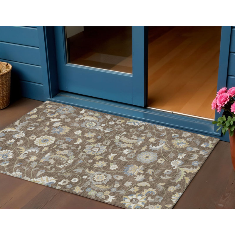 Tapis floral lavable intérieur / extérieur 3 pi x 5 pi chocolat